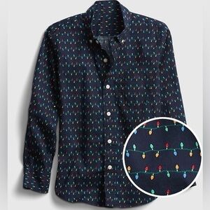 GAP KIDS Navy Poplin Button-Down Shirt Christmas Holiday Lights Pattern Boys XL